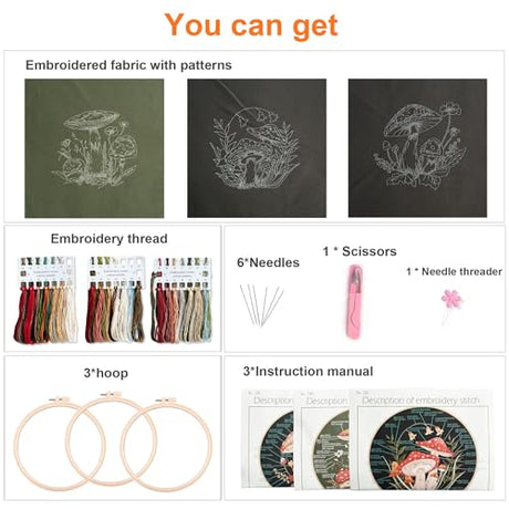 Myfelicity 3 Sets Mushroom Embroidery kit, Adult Beginner DIY Needle kit,Art Craft Handy Sewing Set Myfelicity