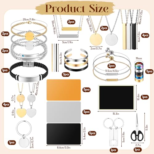Quelay 47 Pcs Laser Engraving Blanks Jewelry Blanks for Laser Engraving Include Necklace Bracelet Ring Keychain Pendant with Scissors Marking Paper for Gift Making DIY Crafting Supplies Quelay