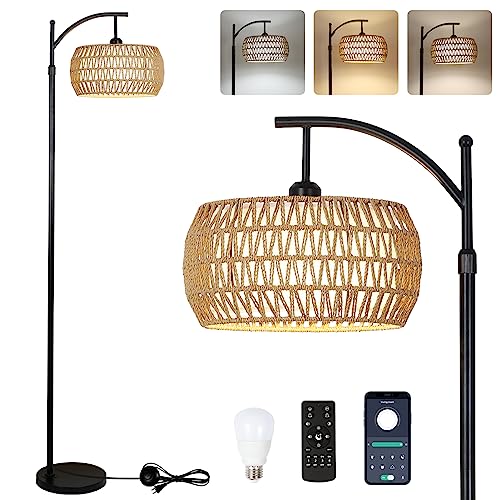 Arc Floor Lamp with Remote Control, Dimmable LED Floor Lamp with 3 Color Temperature, Black Standing Lamp with Rattan & Fabric Double Drum Shade, Boho Farmhouse Tall Pole Lamp for Living Room - WoodArtSupply