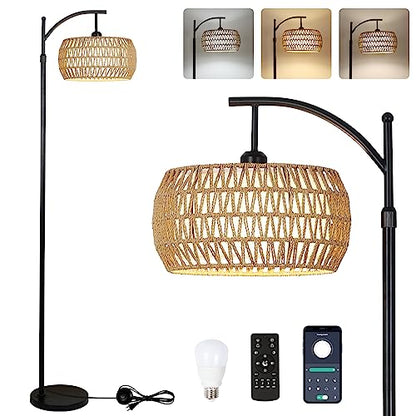 Arc Floor Lamp with Remote Control, Dimmable LED Floor Lamp with 3 Color Temperature, Black Standing Lamp with Rattan & Fabric Double Drum Shade, Boho Farmhouse Tall Pole Lamp for Living Room - WoodArtSupply