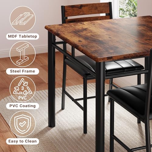 IRONCK Dining Table Set for 2, Small Kitchen Table with Upholstered Chairs Dinning Table Set for Kitchen & Dining Room, Compact Dining Set for Small Spaces, Rustic Brown IRONCK