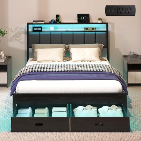 Aelawe Queen Bed Frames with Storage Drawer, Platform Bed with Charging Station and LED Lights, Upholstered Headboard with 2-Tier Storage Shelves, No Box Spring Needed Aelawe