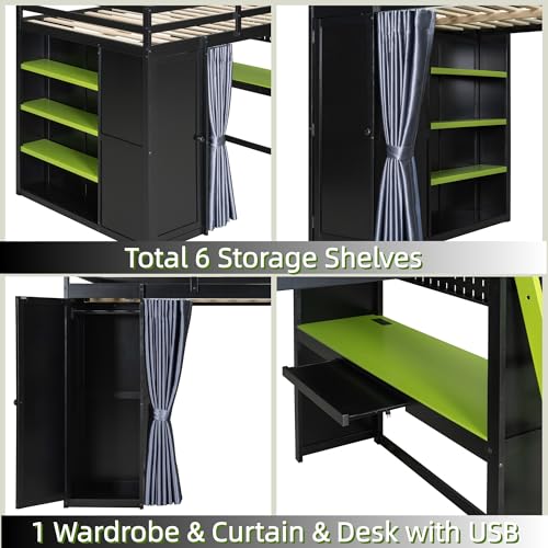 Merax Full Size Loft Bed with Desk and 6 Storage Shelves, Wardrobe, Blackout Curtain, Sturdy Wood Gaming Loft Bunk Bed Frame with USB Port & RGB Lights, Black+Green Merax