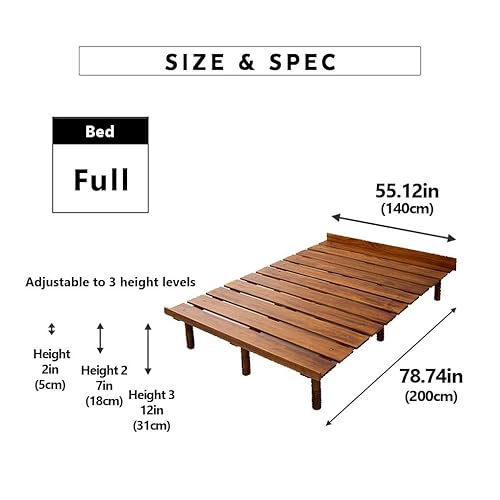 EMOOR Wood Slatted Floor Bed Frame OSMOS Full for Japanese Futon Mattress Solid Pine (Retro-Brown), Height Adjustable (2/7/12in) Tatami Mat EMOOR