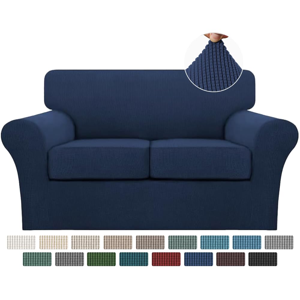 Turquoize 3 Piece Sofa Covers for 2 Cushion Couch Sofa Slipcover Soft Couch Cover for Dogs-Washable Sofa Furniture Covers with 2 Individual Cushion Covers, Thick Jacquard Fabric (Loveseat, Navy) Turquoize
