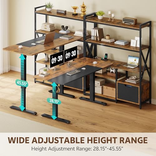 Homiflex 77.8 Inches L Shaped Standing Desk Corner Desk with Hutch Electric Height Adjustable Desk with Storage Shelves File Drawer Power Outlets Reversible Computer Gaming Desk for Home Office, Brown Homiflex