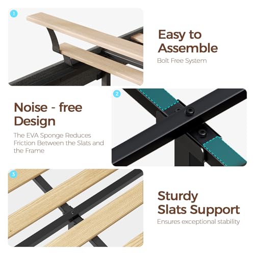 Rolanstar Bed Frame Twin Size with Charging Station, Bookcase Headboard Bed with LED Light and Sliding Doors, Platform Bed with Wooden Slats, No Box Spring Needed, Noise Free, Black Rolanstar