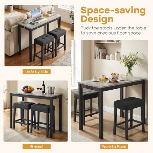 COSTWAY 3-Piece Bar Table Set with Charging Station, Modern Counter Height Breakfast Table w/Faux Marble Top & 2 Padded Stools, Wooden Console Table Set for Living Room, Kitchen, Dining Room (Gray) COSTWAY