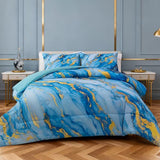 Holawakaka Light Blue Gold Marble Print Bedding Comforter Set Queen Size Marbled Bed Sets 3 Pieces (Light Blue Gold, Queen) Holawakaka