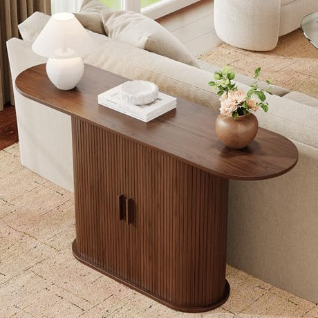 55 Inch Console Table with Storage, Fluted Entryway Tables with Sliding Doors, Sofa Table Behind The Couch, Hallway Tables, Mid-Century Modern Foyer Table for Entryway, Hallway, Living Room, Walnut ONBRILL
