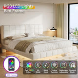 Merax King Size White Boucle Upholstered Platform Bed with Tall Headboard, Modern Floating Bed Frame with LED Lights for Bedroom, Solid Wood Slats Support, No Box Spring Needed, Easy Assembly Merax