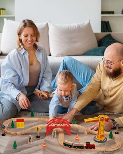 SainSmart Jr. Wooden Train Set for Toddler, 41pcs Wood Train Track w/Crane Fits Brio, Thomas, Melissa and Doug, Kids Wood Toy Train for Kids Ages 3+ - WoodArtSupply