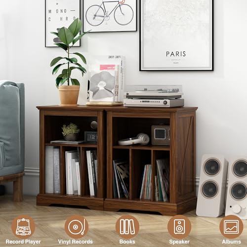 RowyPoey Farmhouse Record Player Stand, 3 Tier End Table, Turntable Stand with Vinyl Record Storage ,Wood Record Holder Cabinet Dispaly Shelf for Living Room,Bedroom,Rustic Brown RowyPoey