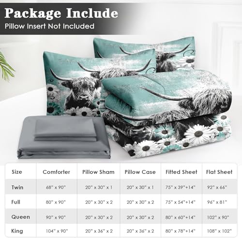 WeCozy 7 Pcs King Size Comforter Set with 2 Pillowcases & 2 Shams, Highland Cow Animal Bedding for Kids and Adults, Farm Daisy Bed in a Bag with Flat Fitted Sheet WeCozy