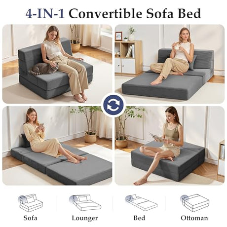 Youzi Folding Sofa Bed Convertible Sleeper Chair with Pillow, 4-in-1 Foldable Mattress Futon Couch Bed to Lounge Chair for Living Room, Bedroom, Dorm & Guest, Washable Cover, Dark Gray, Single Youzi