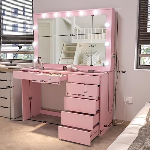 Boahaus Serena Large Makeup Vanity Desk with Hollywood Lights, 11 Drawers, Hair Dryer Hanger, USB Type-C & Type-A, 110V Power Outlet for Beauty Tools, Glass Top, Crystal Knobs – Premium Pink Finish Boahaus