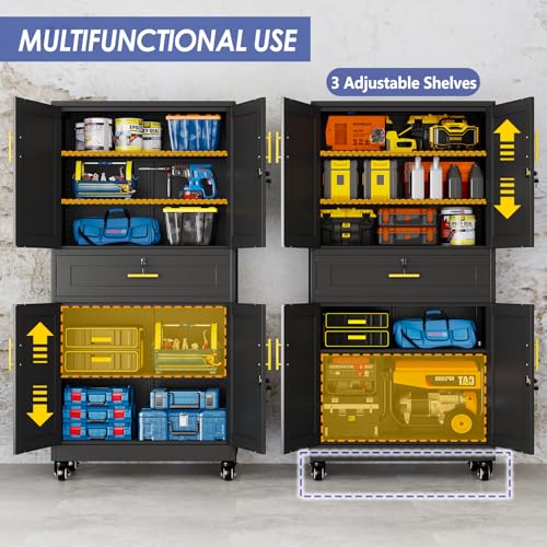 AUEYTVR 61" Metal Garage Storage Cabinet with Wheels and Locking Doors and Tall Rolling Steel Tool Cabinet with 5 Adjustable Shelves for Garage,Home,Office,Shop (Black, 71" H x 35.43W x 15.74" D) AUEYTVR