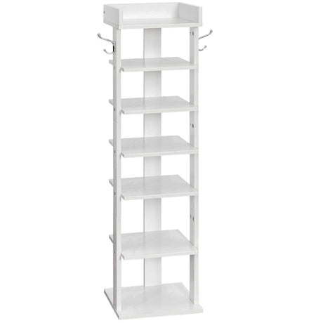 HOOBRO Vertical Shoe Rack for Front Door Entryway, 7 Tier Wooden Shoe Storage Organizer with Hooks, Narrow Shoe Tower for 7 Pairs, Space Saving, for Corner, Closet, Bedroom, White WT61XJ01 HOOBRO