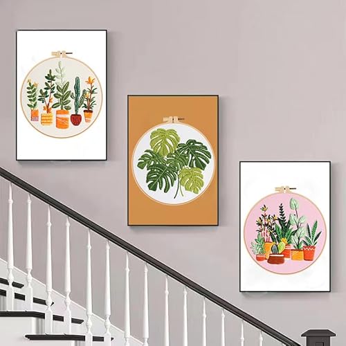 Konrisa Embroidery Kits for Adults Beginner, European Style Garden Plant Green Leaf Stamped Embroidery Starter Kit,DIY Sewing Practice, Needlepoint Cross Stitch Kit,Set of 3