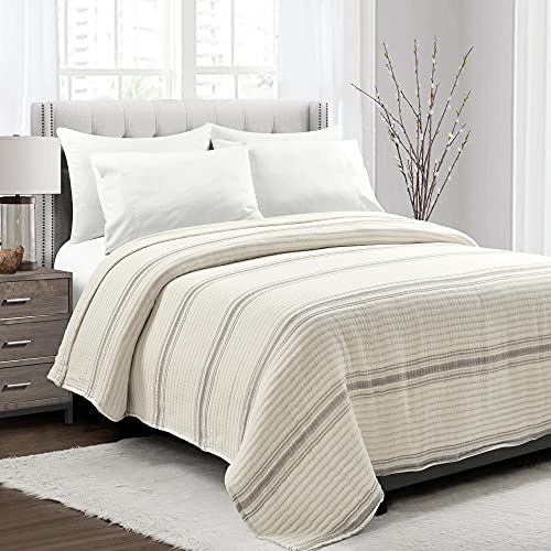 Lush Decor Farmhouse Stripe Kantha Pick Stitch Cotton Quilt/ Coverlet Single King, Gray - Striped Bedding King Quilt - King Blanket For Bed Lush Decor