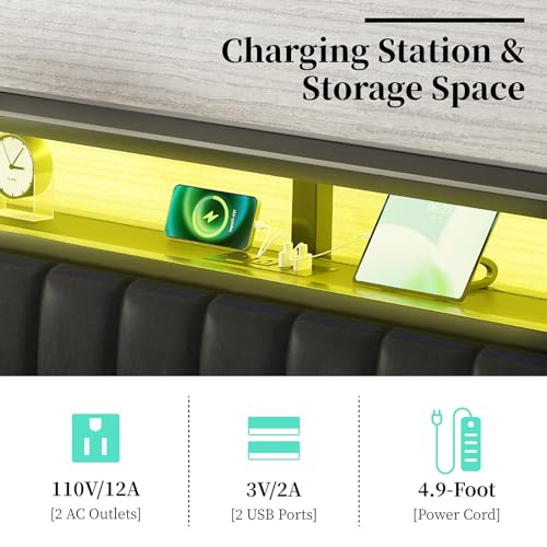 LUXOAK King Size LED Platform Bed Frame with Faux Leather Headboard and Built-in Charging Station - WoodArtSupply