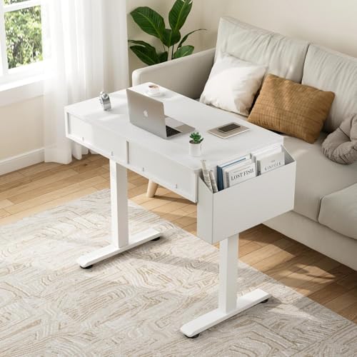 KLUVIS Electric Standing Desk with Drawers, 32 Inch White Small Height Adjustable Sit Stand Desk with Storage for Small Space Home Office Bedroom, Study Writing Stand up Computer Desks for Girls Work KLUVIS