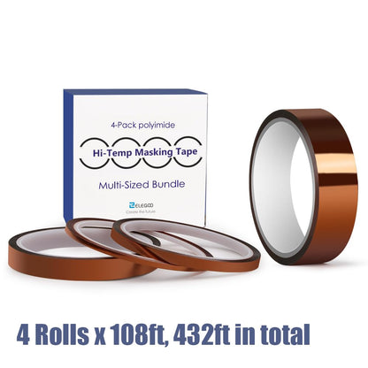 ELEGOO 4 Rolls 108FT High Temp Tape, 4 Pack Polyimide High Temperature Resistant Tape Multi-Sized Value Bundle 1/8’’, 1/4’’, 1/2’’, 1’’ with Silicone Adhesive for Masking, Soldering etc. - WoodArtSupply