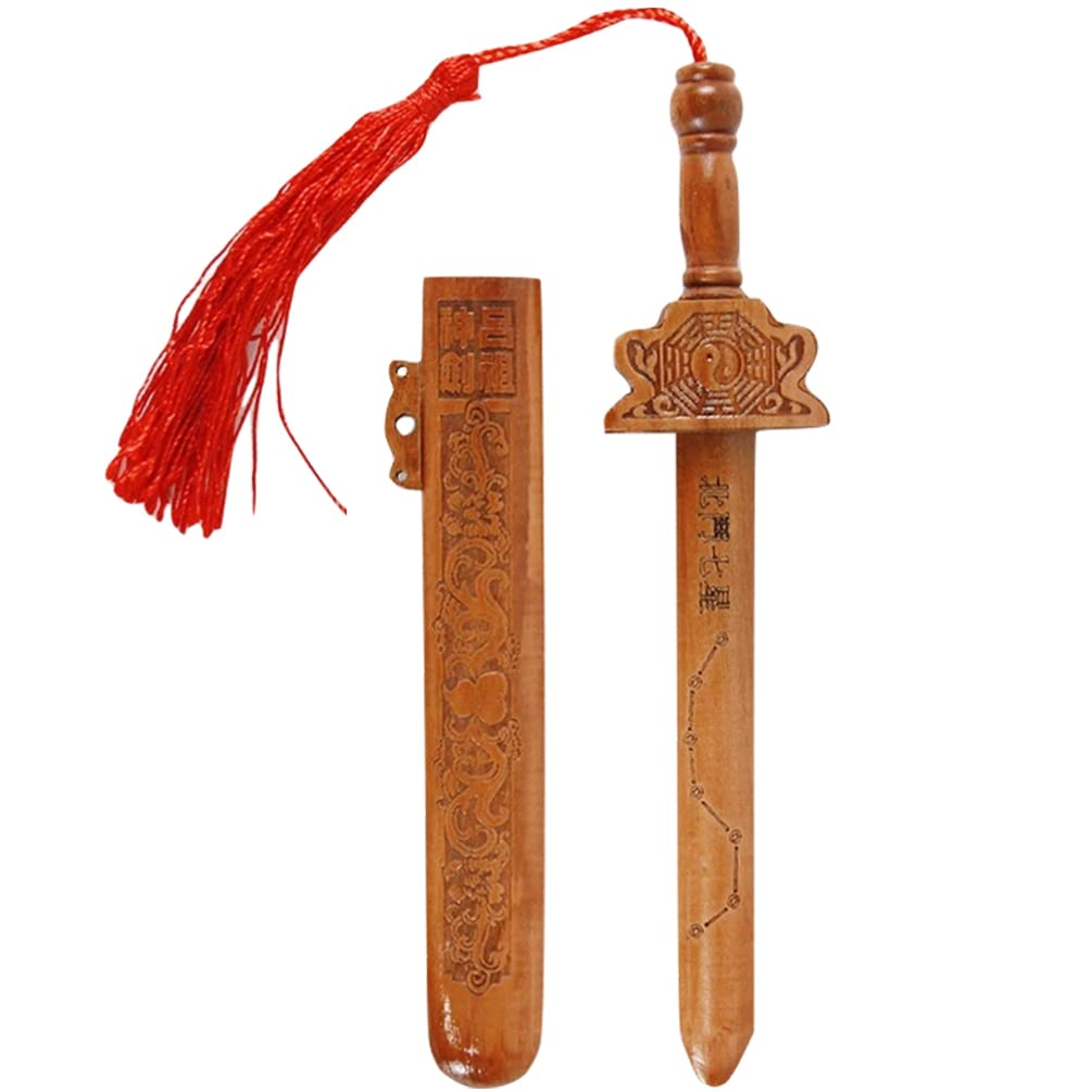 Yardwe Peach Wood Sword Traditional Chinese Wooden Sword Sword Hand-Carved Knife Sword Pendant with Tassel Home Furnishing Feng Shui Protection Amulet for Drive Out Evil Spirits Yardwe