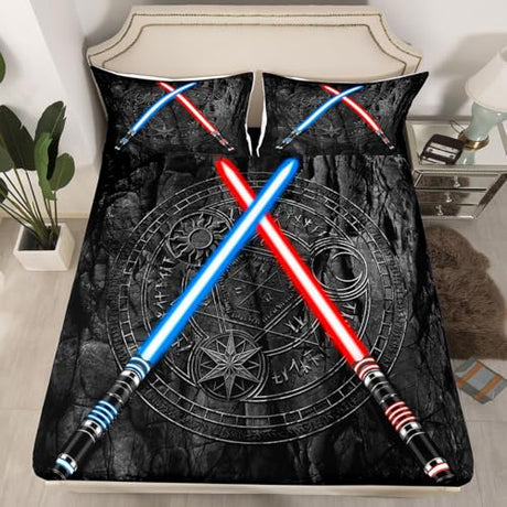 Lightsaber Fitted Sheet Queen Size 3D Neon Blue Red Bedding Set 3Pcs Geometric Sun Moon Round Bed Sheet for Kids Boys Girls Teens Room Decor Fashion Vintage Stone Wall Deep Pocket Sheet,Black Castle Fairy