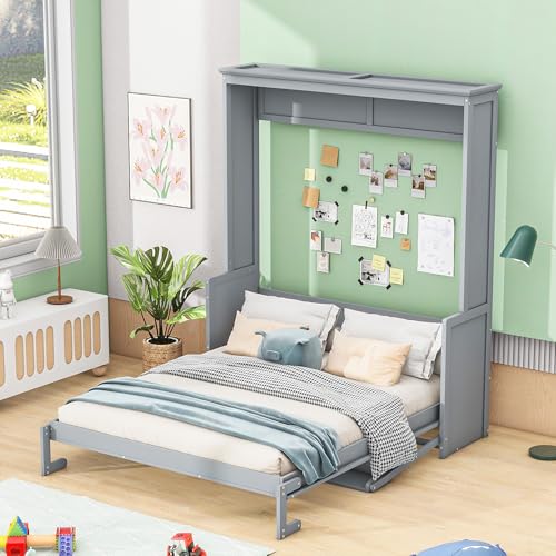 FAVSH Queen Size Murphy Bed with Shelf, Modern Solid Pine Wood Wall Bed, Space-Saving Hidden Bed,Fold-The-Way Bed for Bedroom,No Box Spring Needed,Grey FAVSH