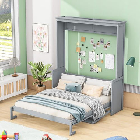 FAVSH Queen Size Murphy Bed with Shelf, Modern Solid Pine Wood Wall Bed, Space-Saving Hidden Bed,Fold-The-Way Bed for Bedroom,No Box Spring Needed,Grey FAVSH