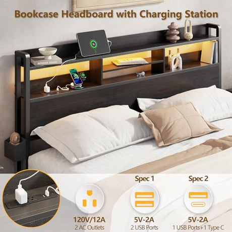 Furnulem King Bed Frame with Wood Headboard & Storage Drawers, Metal Platform Bed Frames King Size with LED Lights, Built in Charging Station, No Box Spring Needed, No Noise, Easy Assembly, Black Furnulem