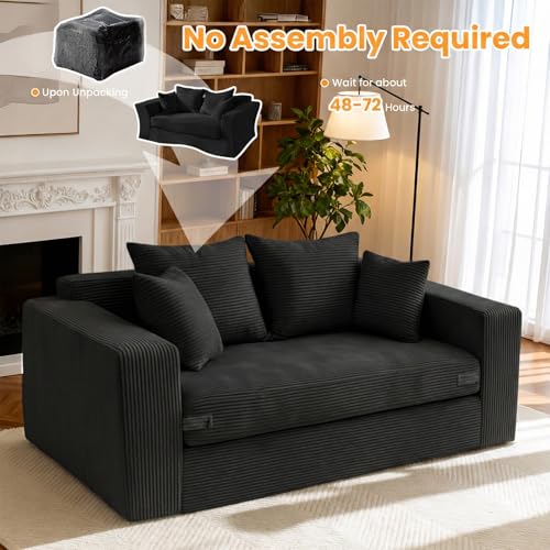 55" Small Boneless Couch, 3-in-1 Boneless Loveseat Sleeper Sofa Bed Convertible Sofa Bed with 4 Pillows, Black Corduroy Boneless Couch for Living Room, Guest Room, Small Space, No Assembly Required Winzoo
