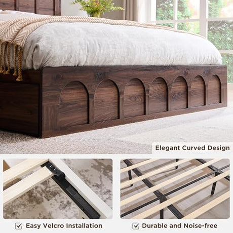ACCOHOHO King Size Bed Frame Modern with 52" Tall Arched Recessed Headboard and 4 Drawers, Solid Wood Slats Support, Wood Platform, Noise Free, No Box Spring Needed, (Brown) ACCOHOHO