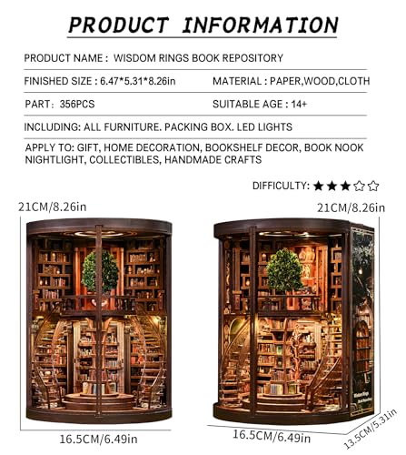 Roroom DIY Miniature House Kit, Wisdom Rings Book Repository Book Nook Kit with LED Light,3D Wooden Puzzle Miniature Dollhouse Kit for Bookshelf Decor-Creative Gift for Family and Friends Roroom