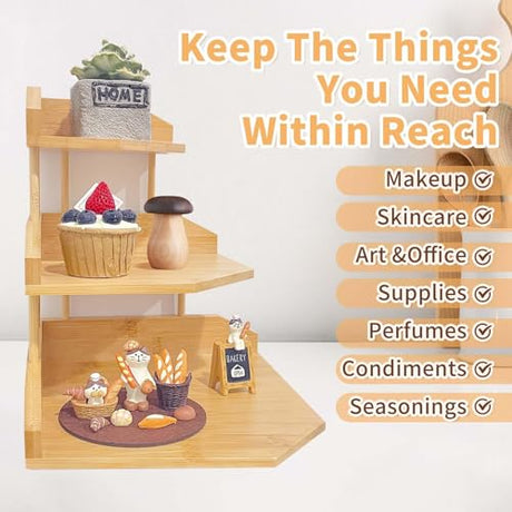 HYNAWIN Bamboo Corner Desk Organizer Shelf, 3-Tier Triangle Storage Rack for Office & Home, Space-Saving Desktop Shelf for Books, Stationery, Makeup, Small Items HYNAWIN