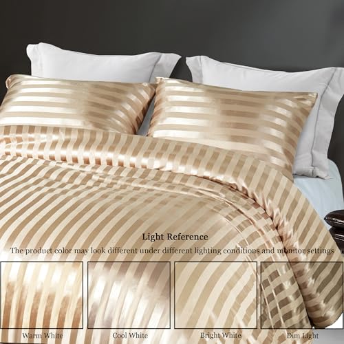 Whale Flotilla 3-Piece Reversible Silky Soft Queen Comforter Set, Luxury Stripe Satin Comforters Full Size Bedding Set with 2 Satin Pillowcases, Lightweight Duvet for All Seasons, Champagne Whale Flotilla