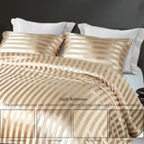 Whale Flotilla 3-Piece Reversible Silky Soft Queen Comforter Set, Luxury Stripe Satin Comforters Full Size Bedding Set with 2 Satin Pillowcases, Lightweight Duvet for All Seasons, Champagne Whale Flotilla