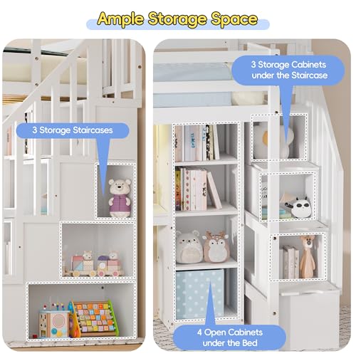 Xilingol Twin Loft Bed with Stairs and Desk, Solid Wooden Loft Bed, Heavy Duty Loft Bed with L-Shape Desk, LED Light Strips, Charging Station, Storage Cabinets, Extra-High Guardrails for Kids, Teens Xilingol