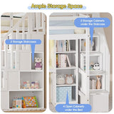 Xilingol Twin Loft Bed with Stairs and Desk, Solid Wooden Loft Bed, Heavy Duty Loft Bed with L-Shape Desk, LED Light Strips, Charging Station, Storage Cabinets, Extra-High Guardrails for Kids, Teens Xilingol