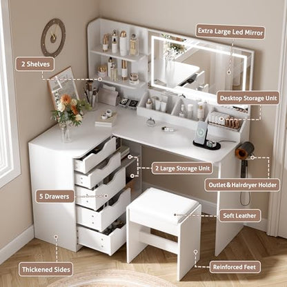 YESHOMY Vanity Desk with Lights and Mirror, L Shaped Makeup Table with Stool, Dresser with Hairdryer Holder and Power Outlet, Adjustable 3 Lighting Modes, 5 Drawers and Open Storage Shelves, White