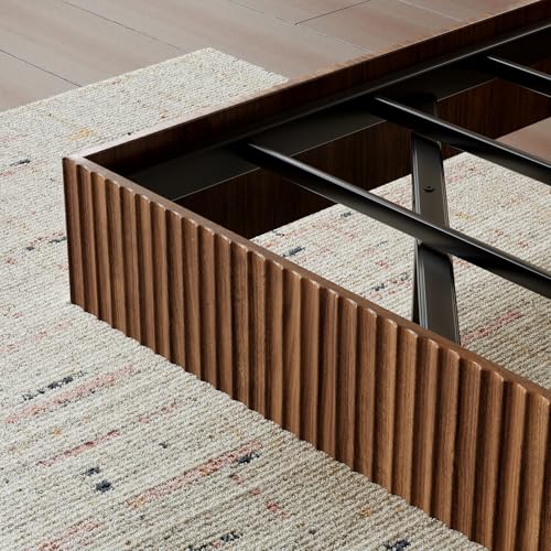 Evermagin Walnut King Floating Bed Frame with led Lights, Mid Century Modern Fluted Floating Platform Bed No Headboard, Heavy Duty Metal Float Bedframe, No Box Spring Needed Evermagin