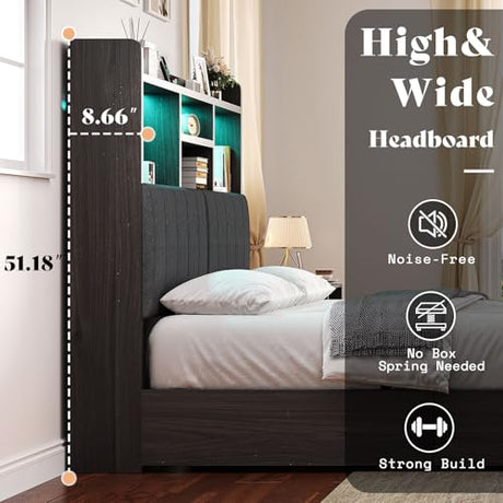 AMERLIFE King Size Bed Frame with 51.2" Tall Bookcase Headboard, Farmhouse Platform Bed with 4 Storage Drawers, Linen Upholstered, Charging Station & Storage, Rustic Black AMERLIFE
