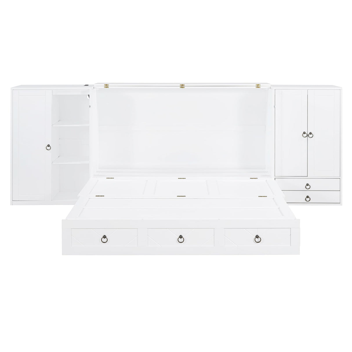 Queen Size Murphy Wall Bed, Solid Pine, USB Charging Station, Bookshelves, Storage Wardrobes - White Harper & Bright Designs