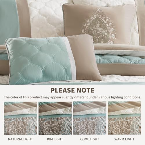 510 DESIGN Luxe Quilted Comforter Set Modern Transitional Design, All Season Down Alternative Warm Bedding Matching Shams, Bedskirt, Decorative Pillow, King, Shawnee Scrollwork Seafoam 510 DESIGN