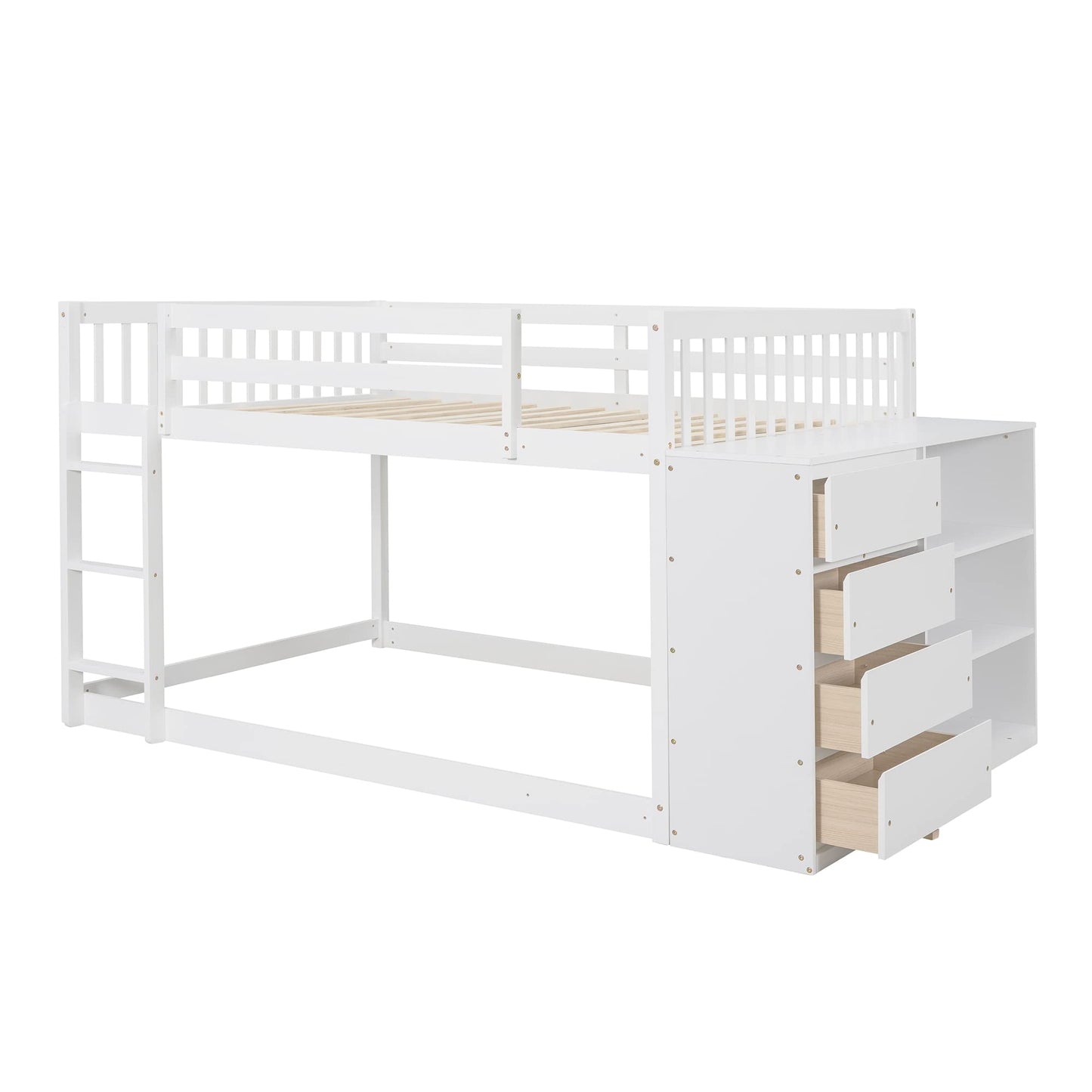 White Full Over Full Bunk Beds with Storage, Wooden Floor Bunk Beds with 4 Drawers & 3 Shelves, Low Bunk Bed Frame with Movable Cabinets, Full Loft Bed for Kids, Girls Boys, Teens, Adults