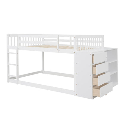 White Full Over Full Bunk Beds with Storage, Wooden Floor Bunk Beds with 4 Drawers & 3 Shelves, Low Bunk Bed Frame with Movable Cabinets, Full Loft Bed for Kids, Girls Boys, Teens, Adults