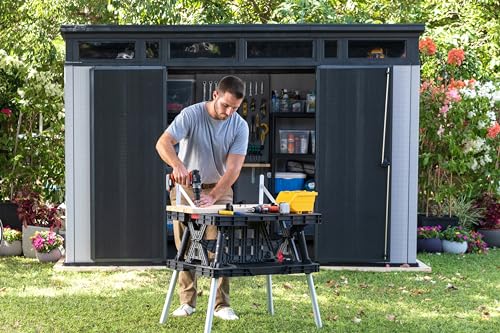 Keter Artisan 11x7 Modern Resin Outdoor Storage Shed Kit-Perfect to Store Patio Furniture, Garden Tools Bike Accessories, Beach Chairs and Lawn Mower, Grey & Black - WoodArtSupply