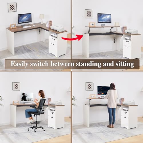 LayBurst 55" Farmhouse L-Shaped Desk with Lift Top,Movable Monitor Stand,L Shaped Standing Office Desk with Lockable Drawer & Adjustable File Drawer,Lift Top Computer Desk with Power Outlets LayBurst