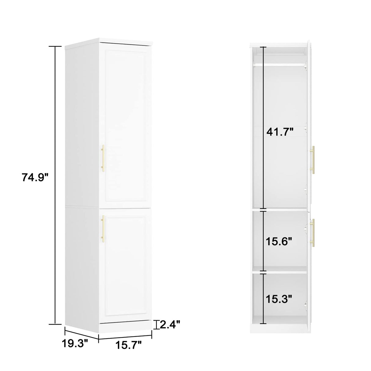 Hitow 2 Door Wardrobe Armoire Closet, 15.7" W Wardrobe Storage Cabinet with 3 Tiers Shelf & Hanging Rod, Slim Narrow Wardrobe Armoire Dresser for Bedroom Clothes Organizer, White Hitow